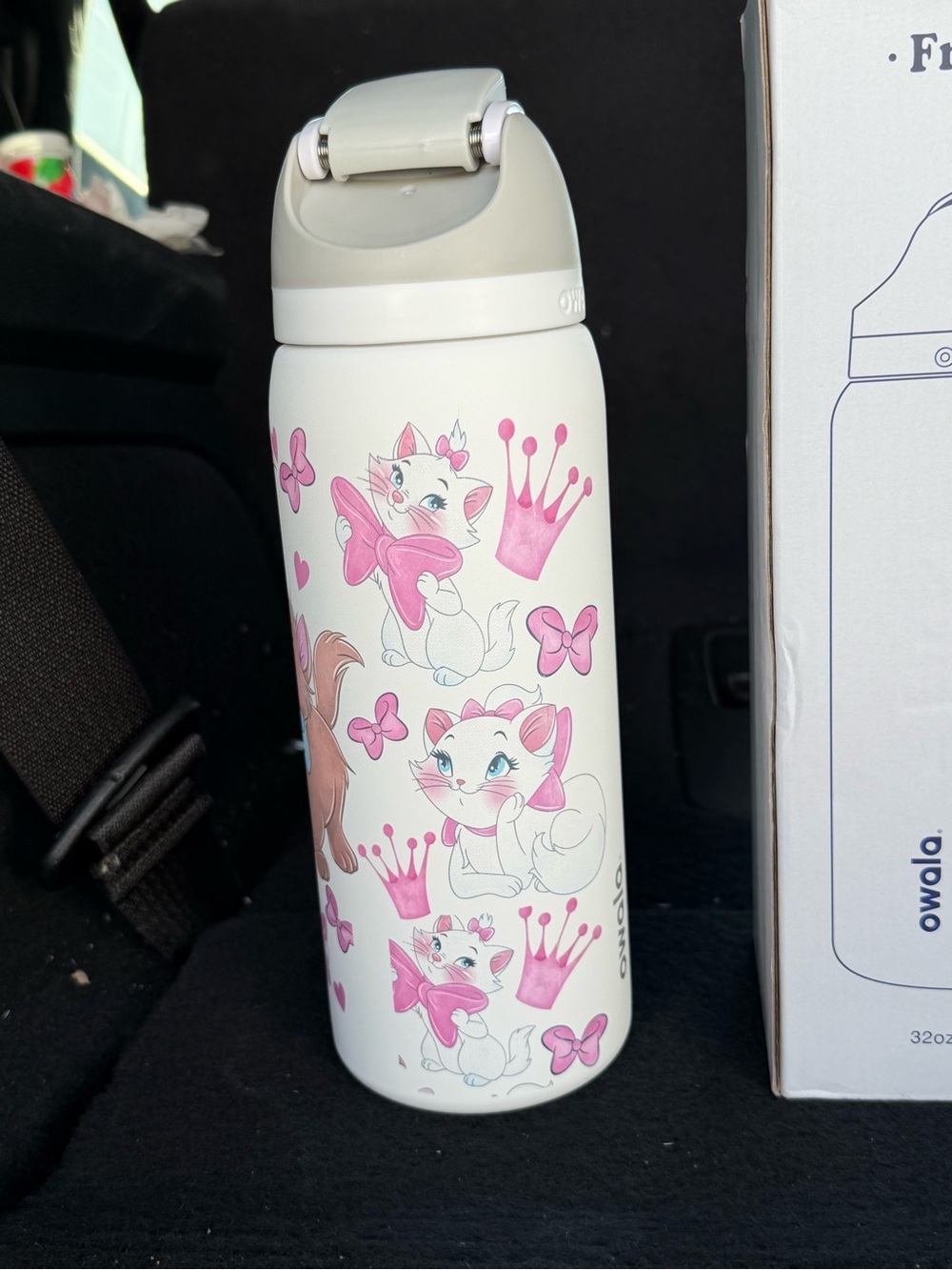 ALO Yoga Kids Water Bottle - White with Pink Cat & Crown Print